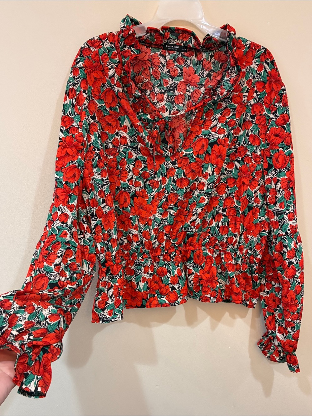 SHEIN Curve Floral Red Green Blouse